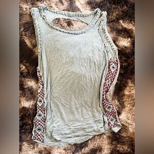 POL Light Sage Tank Top with Red Geometric Side Embroidery
